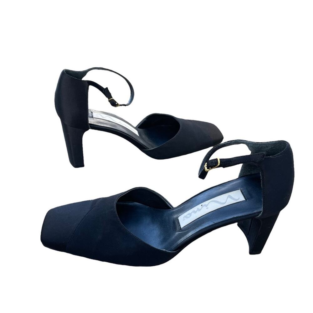 Vtg Y2K Nina D'Orsay 3” Block Heel Black Square Toe Ankle Strap Size 7N